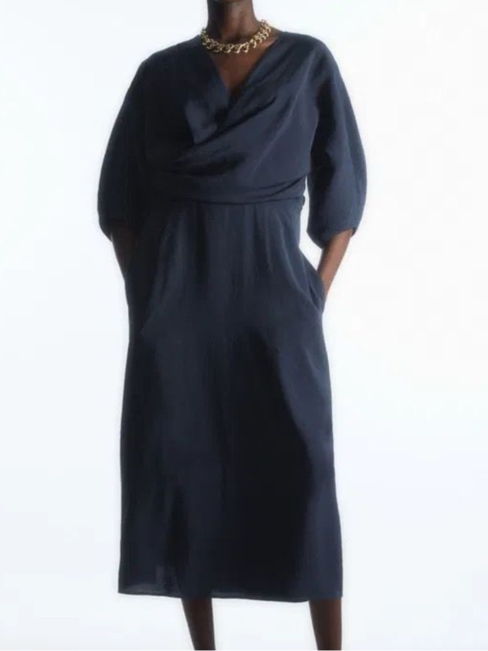 COS Navy Blue Puff Sleeve Midi Dress Size US 10 (Oversized)